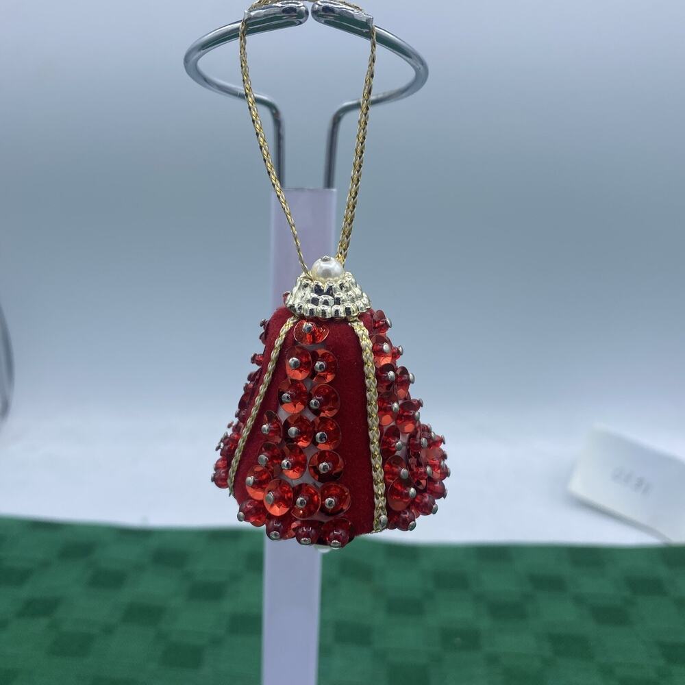 Vintage Handmade Satin Sequin Jeweled Beaded Push Pin Christmas Ornament Bell